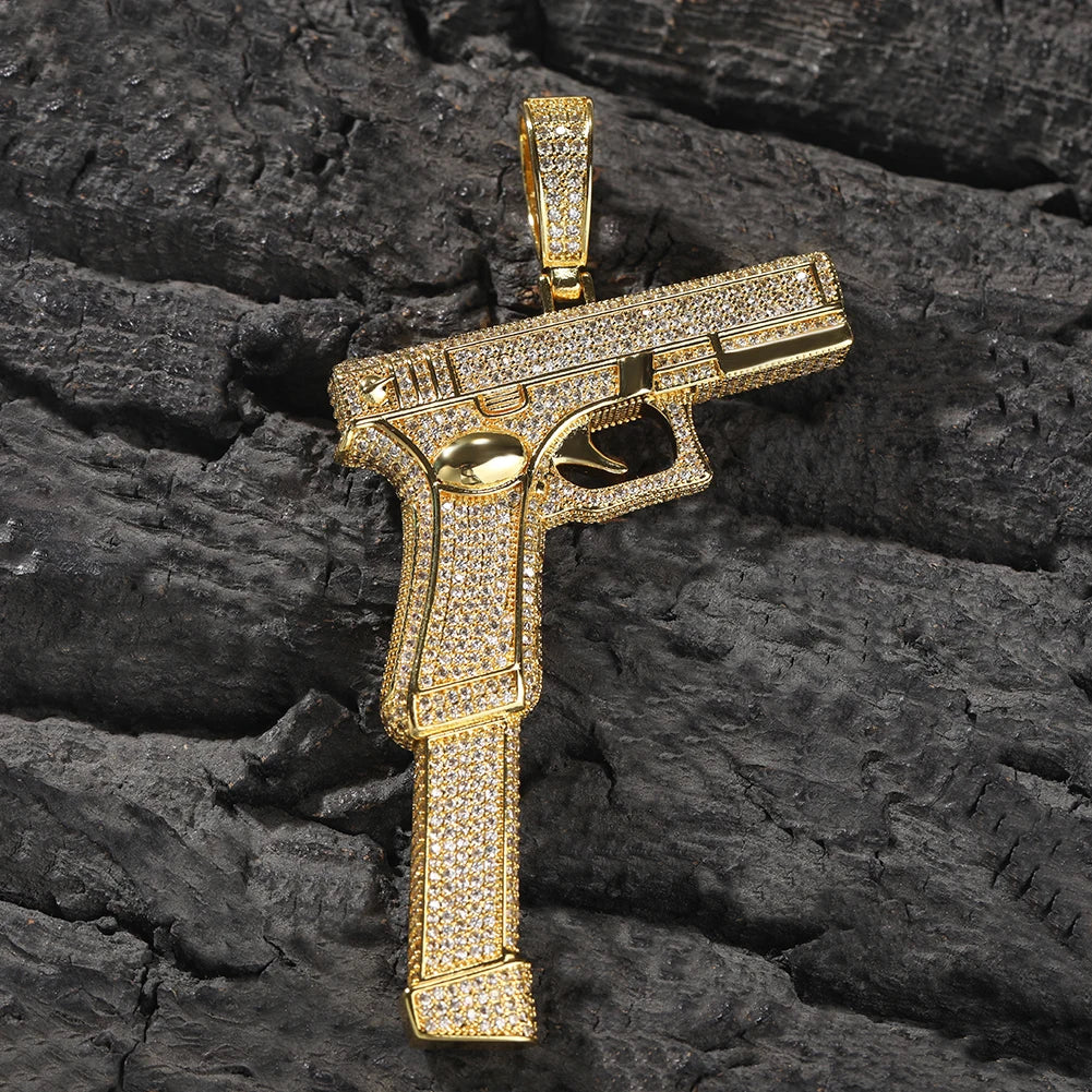 THE BLING KING Iced Out Full Zirconia Large Size Pistol Gun Pendant Necklace Punk Hip Hop Mens Rapper Shiny Party