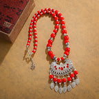 Womens Gypsy Jewelry Bohemian Ethnic Red Natural Stone Pendants Necklaces Metal Tibetan Sliver Color Chain Necklace For