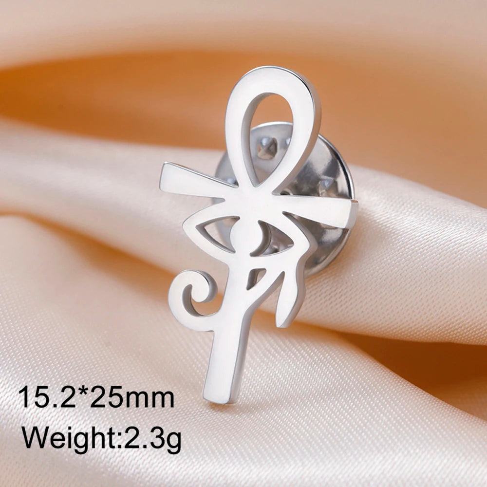Dawapara Ankh Cross Brooch Ancient Egyptian Eye of Horus Lapel Pins Protection Amulet Stainless Steel Jewelry