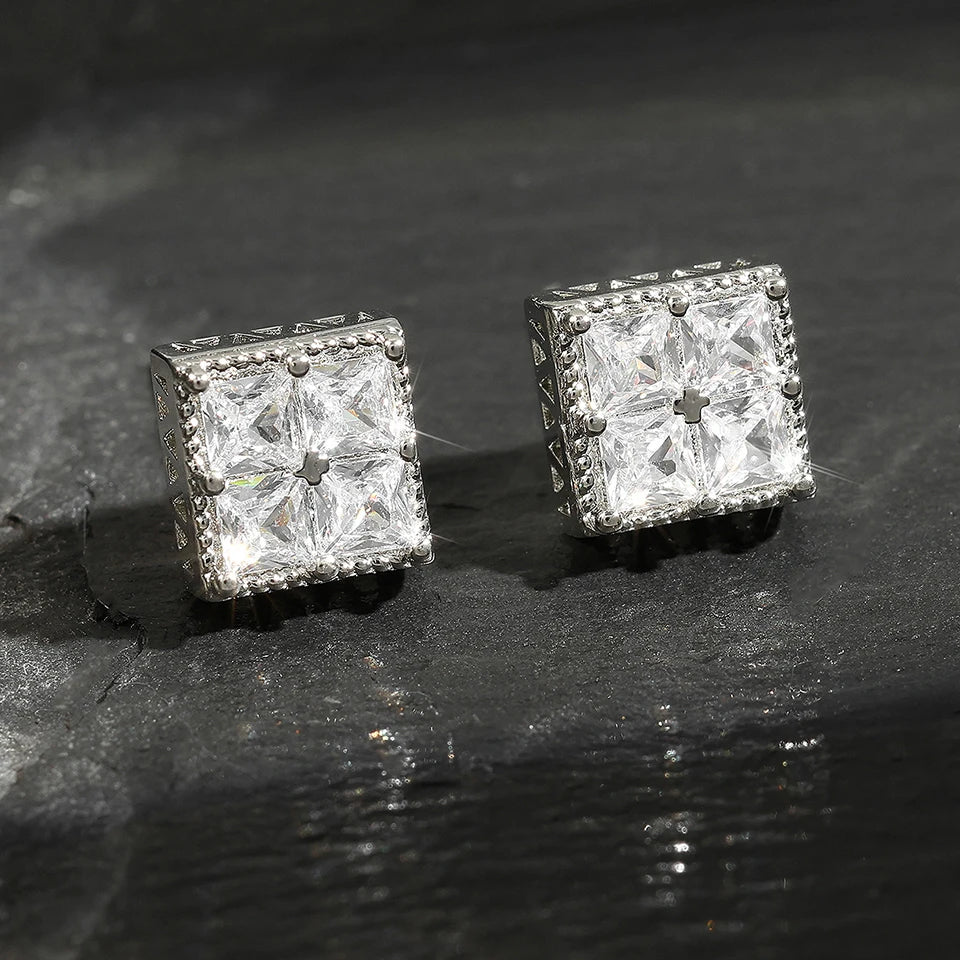 Iced Out Square Stud Earrings for Men — Gold-Tone Piercing Studs