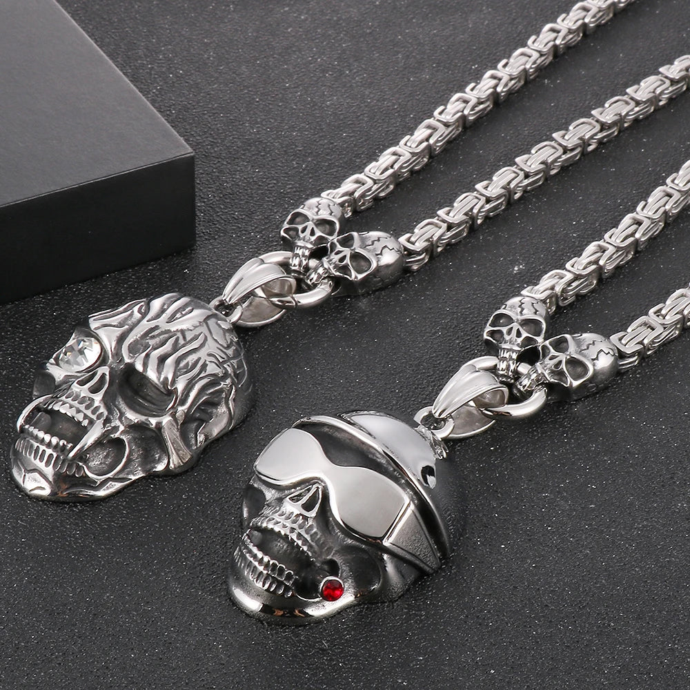 Punk Skull Head Pendants Necklaces for Men Stainless Steel Men's Pendant Necklace With 45--72CM Long Chain Halloween