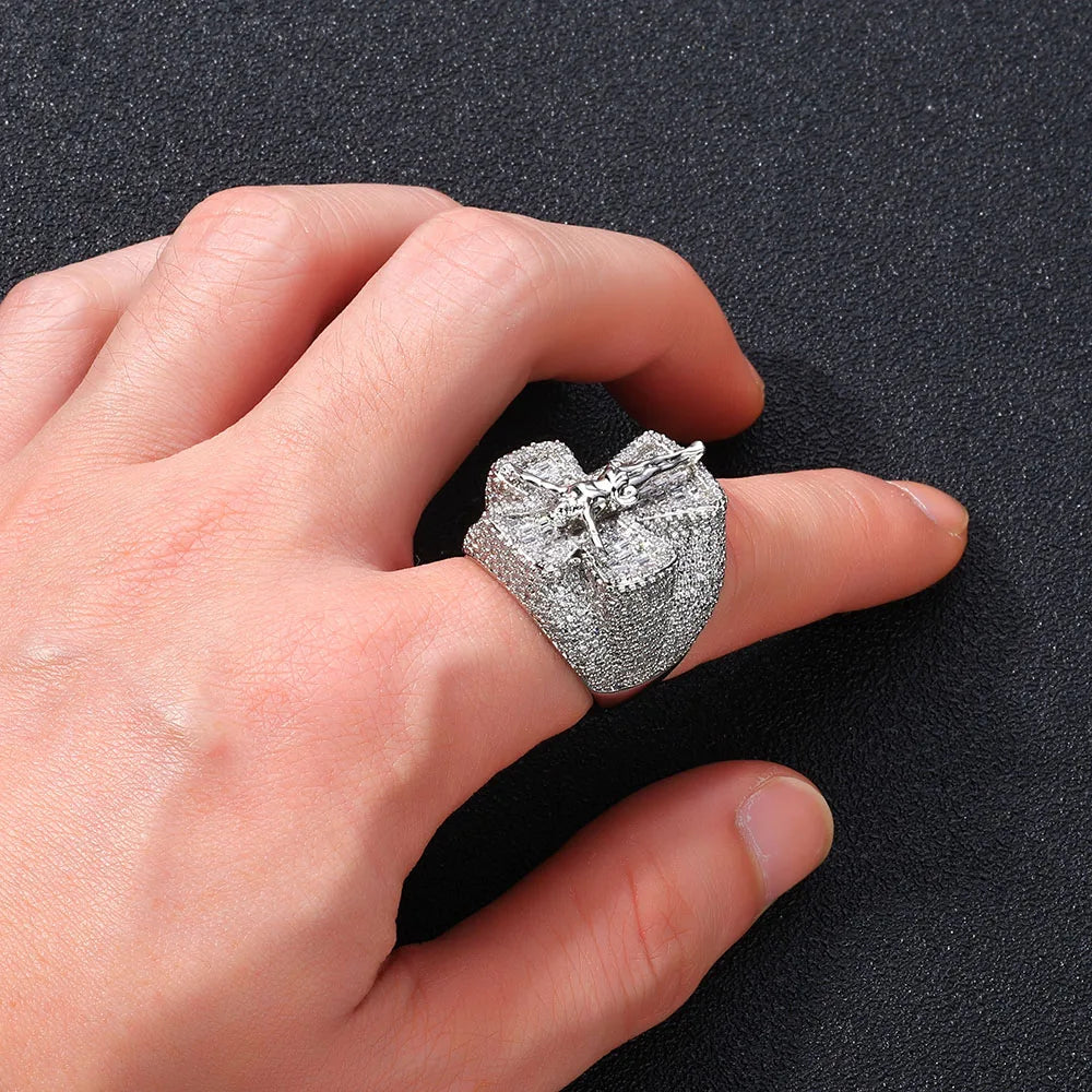 Iced Out Cross Jesus Ring Stainless Steel CZ