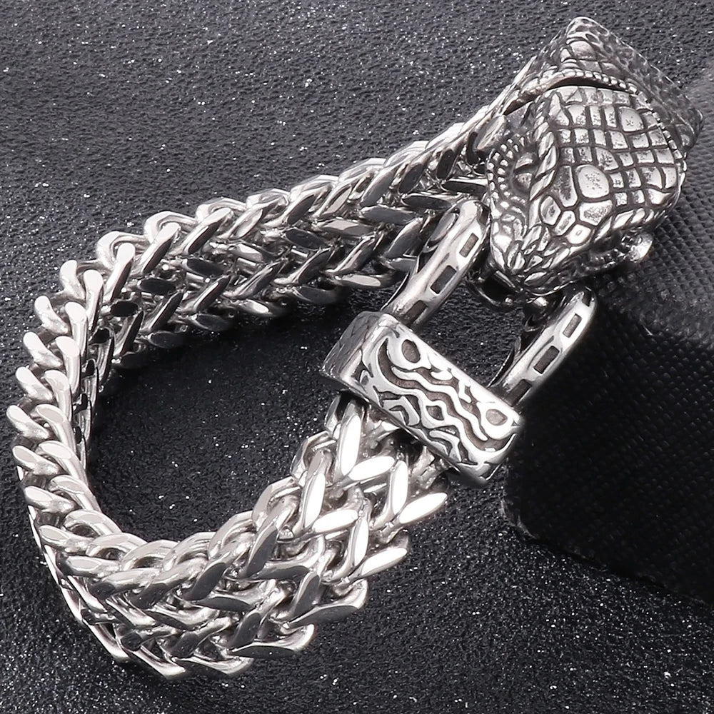 Nordic Viking Jewelry Man Bracelet With Snake Owl Wolf Head Solid Stainless Steel 12MM Mesh Link Chain Men's Bracelets
