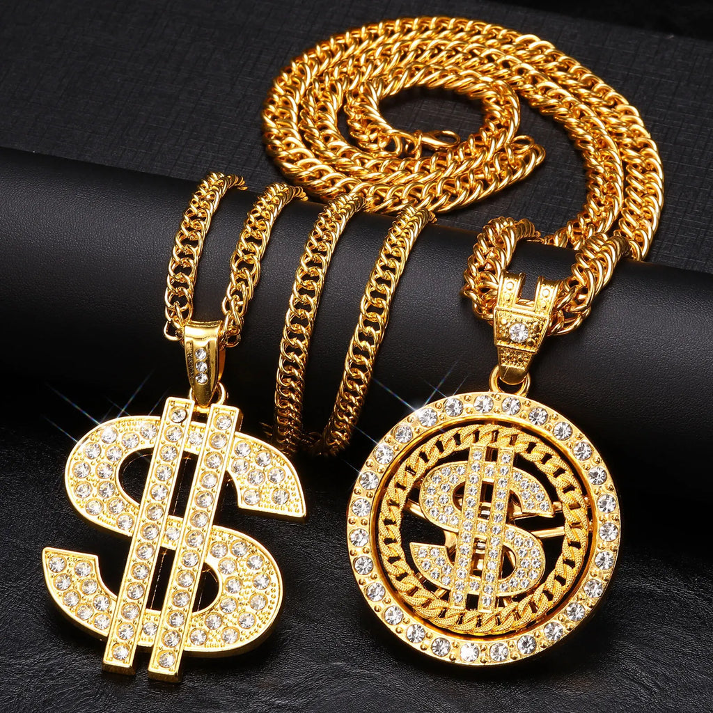Gold Dollar Sign Cuban Chain Necklace