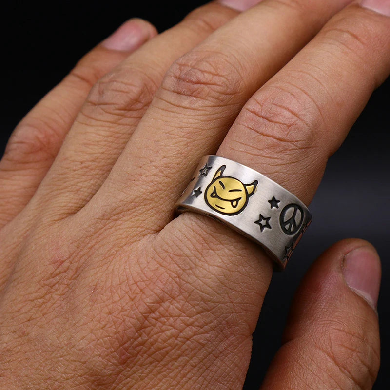 Rings for Men Women Retro Silver Color Jewelry Cute Smile Star Demon Pattern Ring Adjustable Trendy Gifts