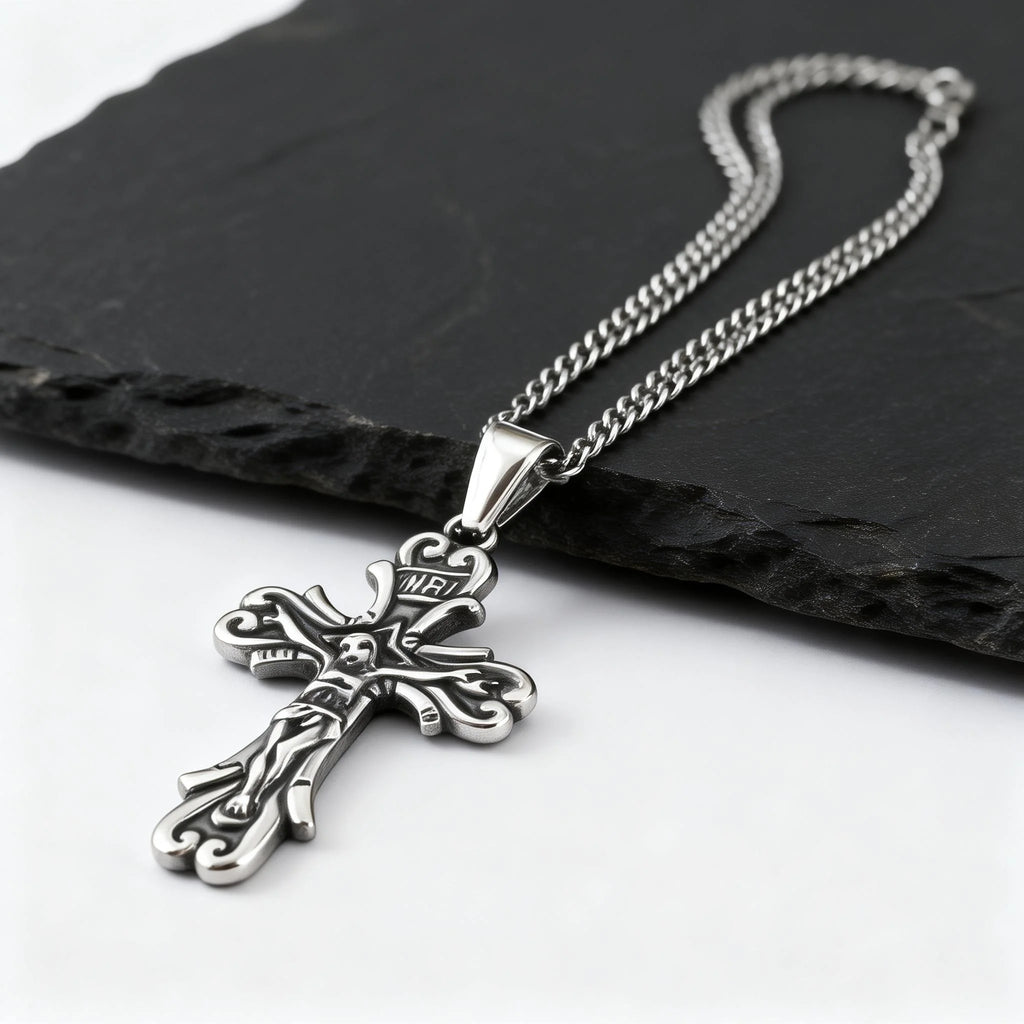 Gothic Cross Necklace for Men,Retro Grey Stainless Steel Crucifix Pendant Necklace,Vintage Punk Jewelry Gift
