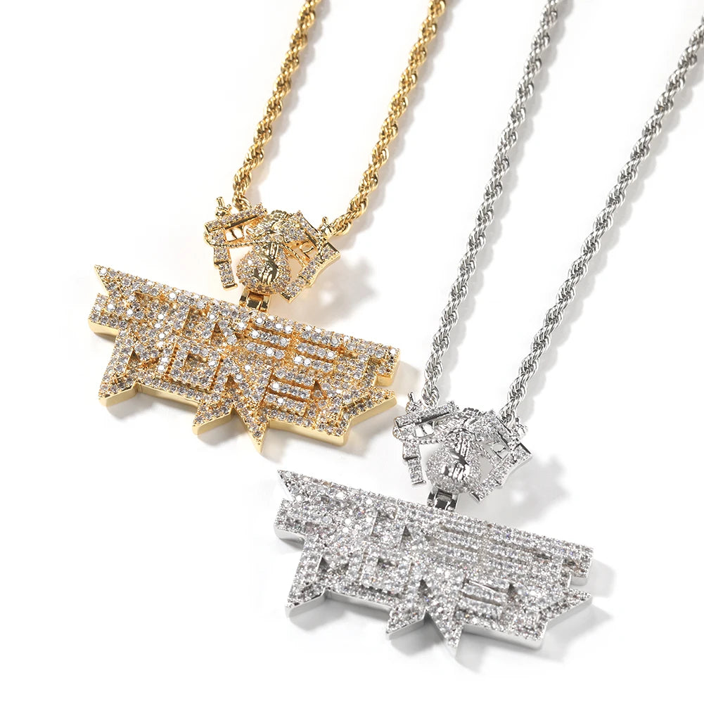 THE BLING KING Icy Street Money Pendant With Dollar Bag Guns Hook Mens Necklace 18K Gold Plated Iced Out 5A CZ Hip Hop Jewelry