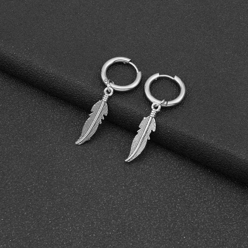 Vintage Feather Round Hoop Earrings — Stainless Steel