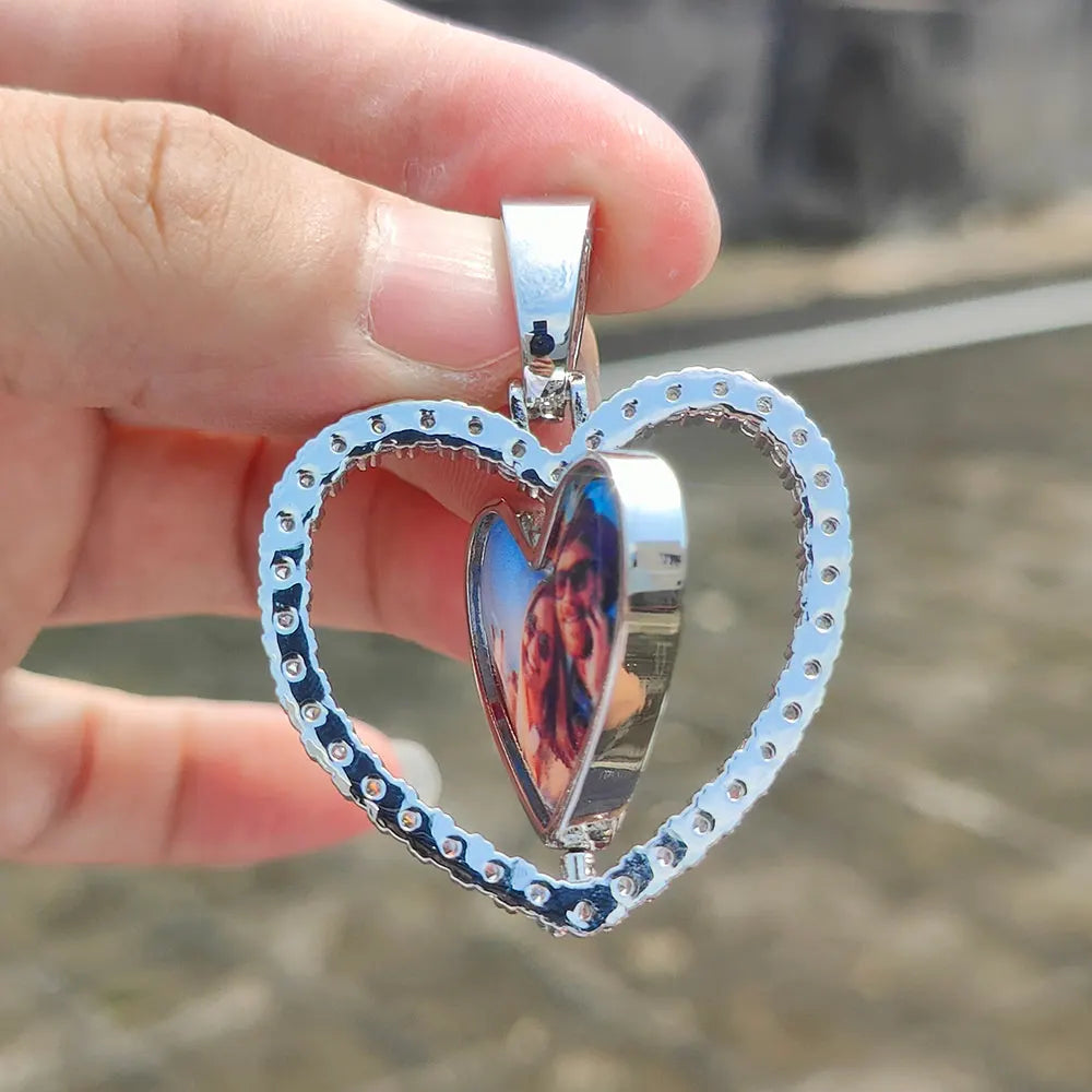 Iced Out Heart Photo Pendant Necklace