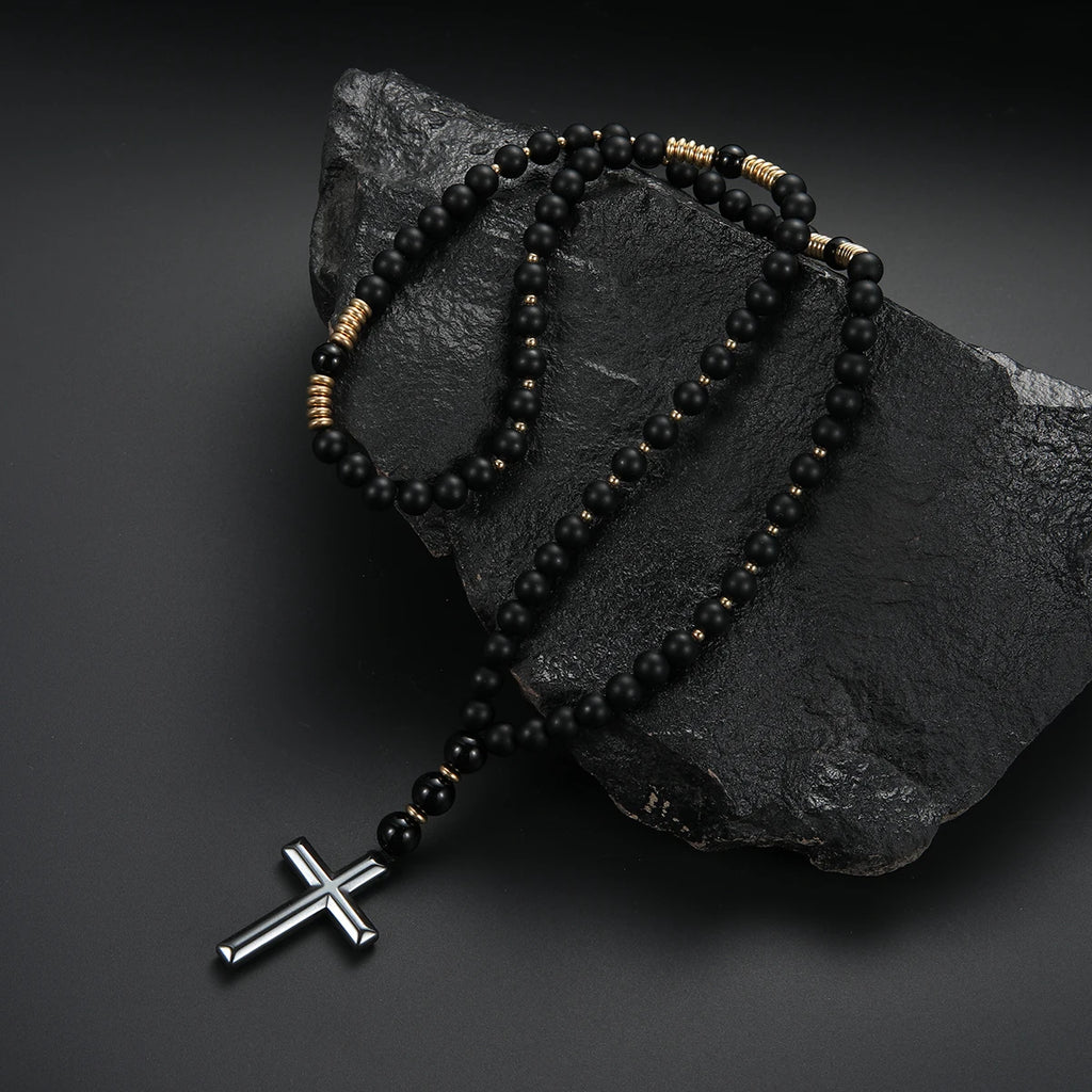 Black Bead Gold Spacer Cross Pendant Necklace — Two-Tone