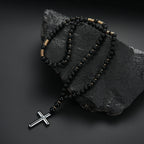 Black Bead Gold Spacer Cross Pendant Necklace — Two-Tone