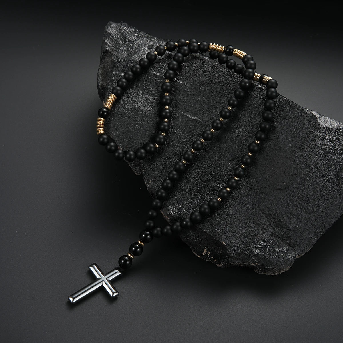 Cool Black Round Beads with Golden Color Spacer Beaded Cross Pendant Necklace for Men and Women