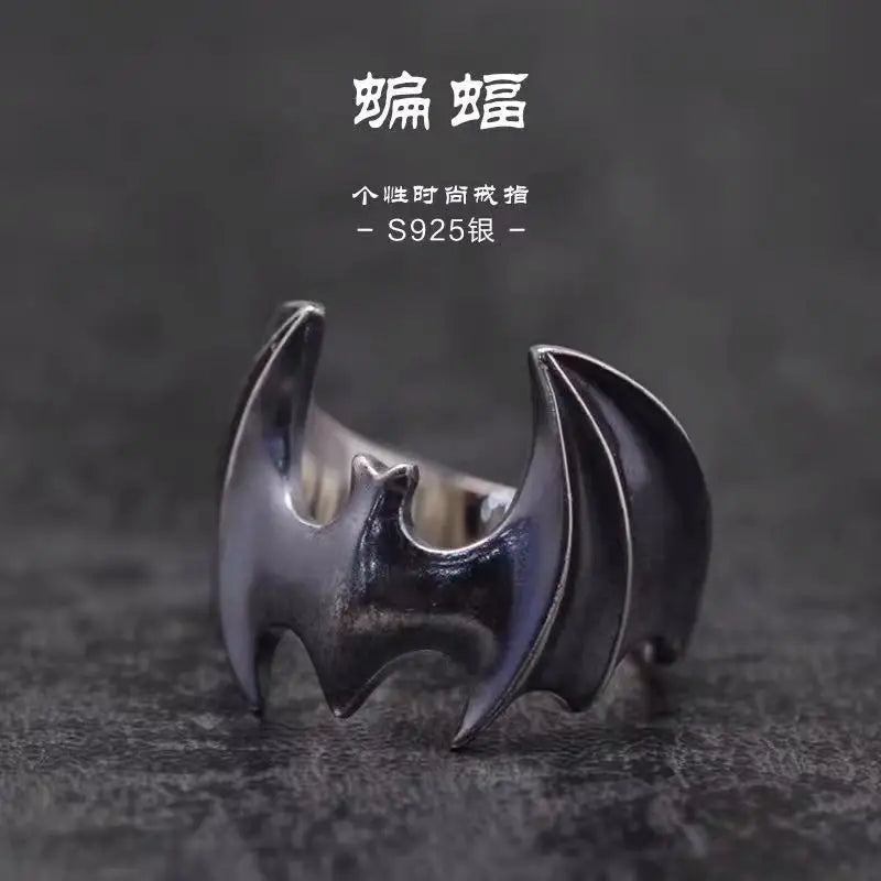 Buyee 925 Sterling Silver Male Big Ring Finger Black Bat Open Ring for Women Men Fashion Animal Punk Fine Jewelry