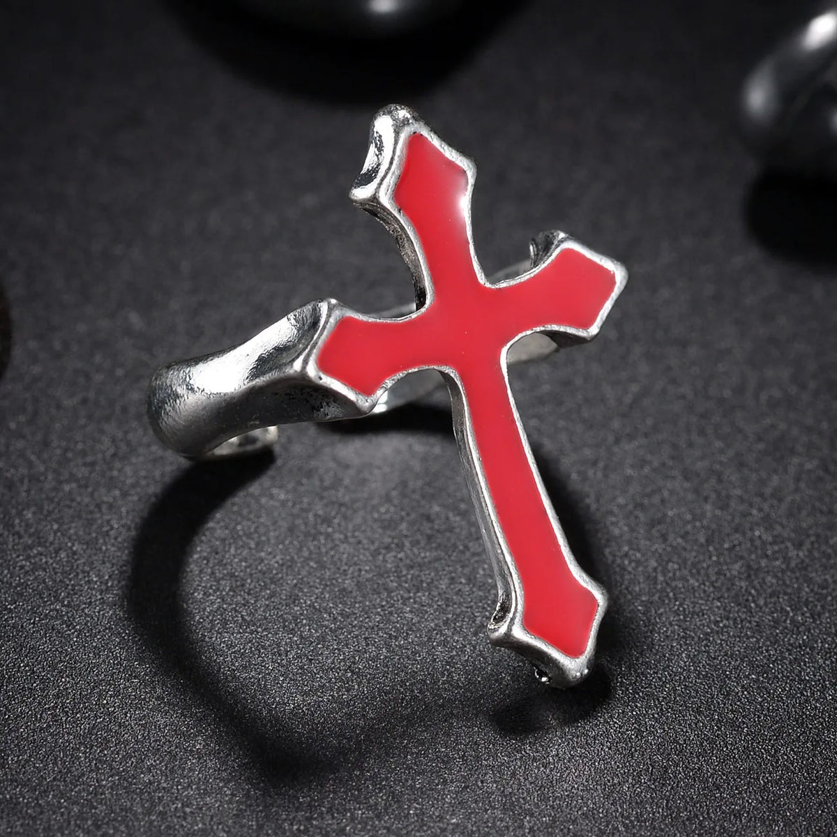 Vintage Goth Black Cross Open Ring for Men Women — Black-Tone