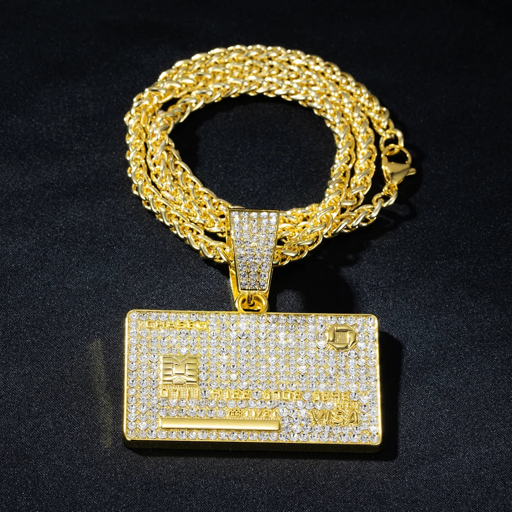 Men's Hip Hop VISA Golden Silvery Card Pendant Necklaces With 5mm 24 Inch Long Chain Credit Card Pendants for Daily Wear Unisex