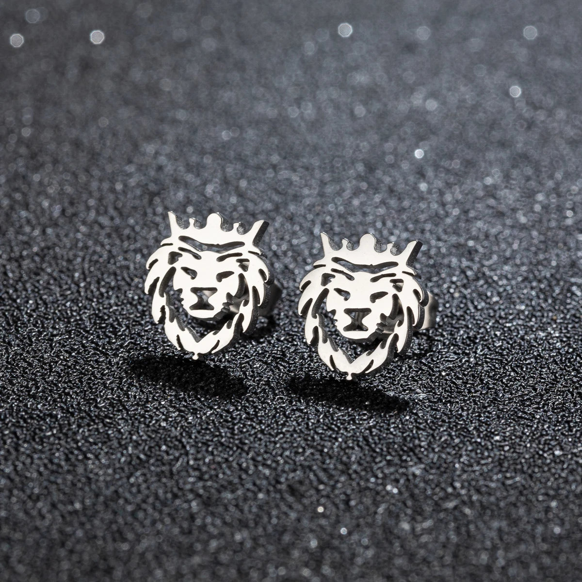 Crown Lion Head Stud Earrings — Hollow Cutout, Stainless Steel