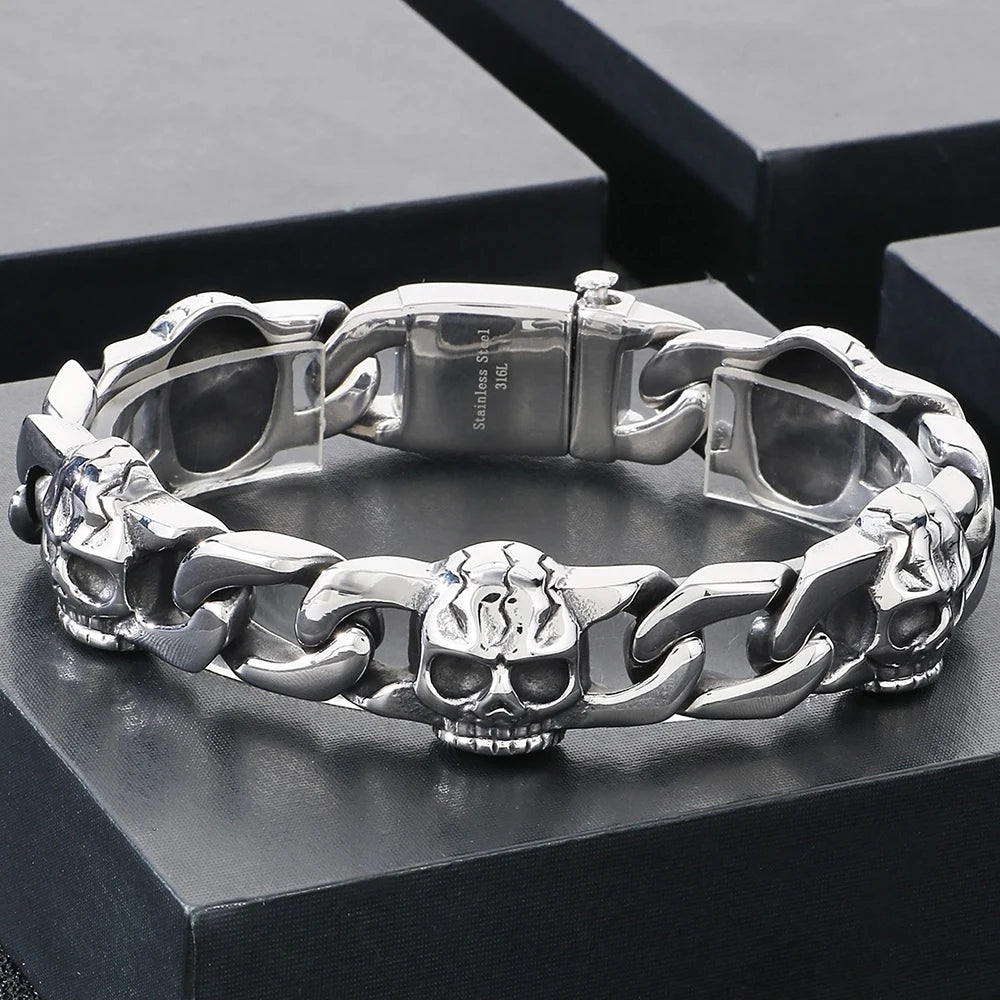 Punk Gothic Men's Bracelets With Skull Head Cuban Link Chain Man Bracelet for Men Stainless Steel Skeleton Jewelry