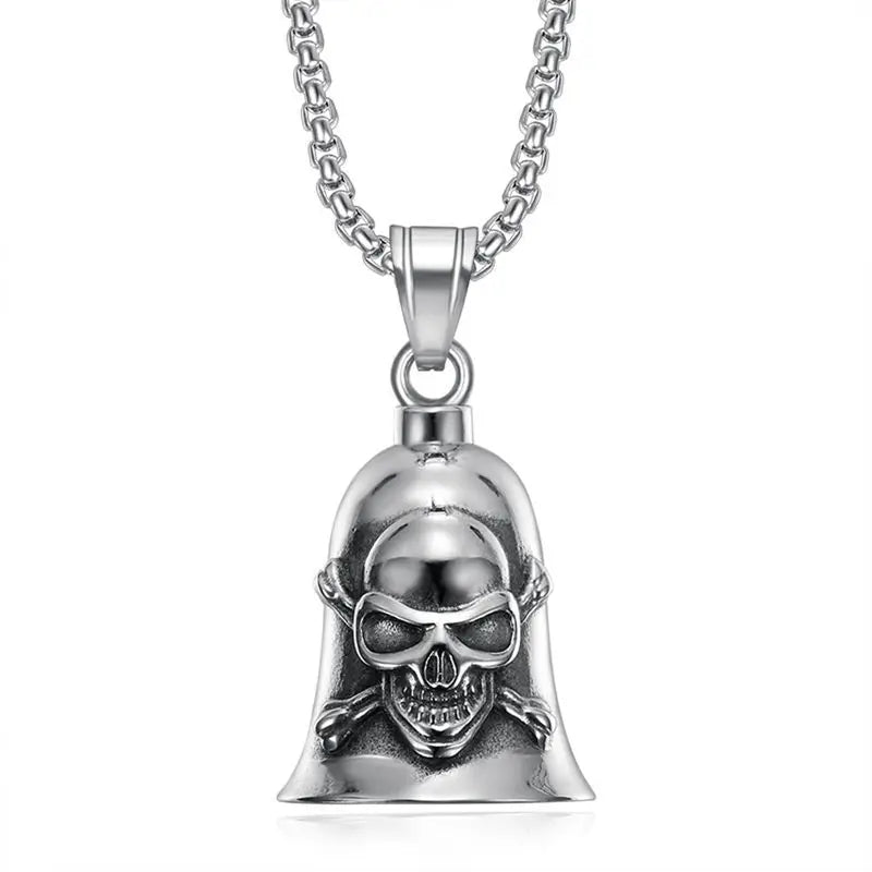 Pirate Skull Moto Bell Pendant Necklace — Gothic Motorcycle Rider