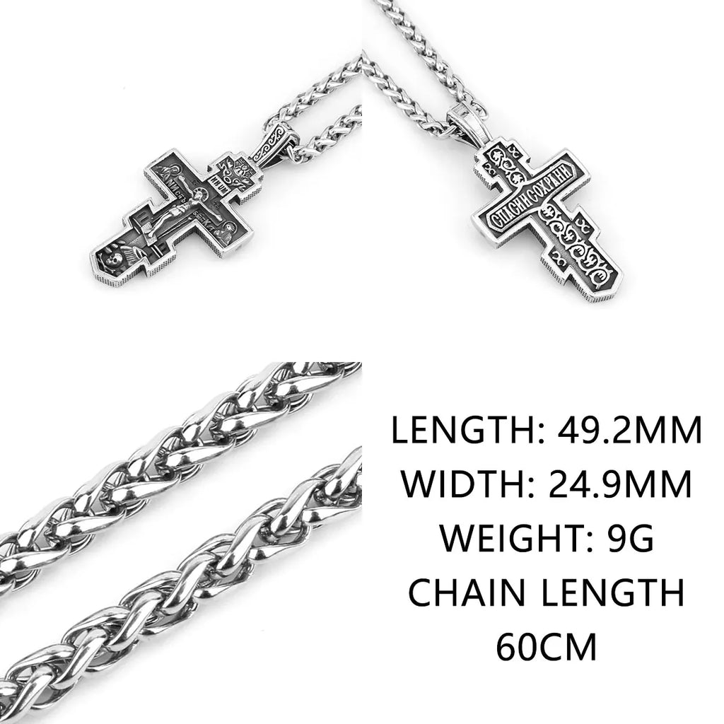 Vintage Jesus Cross Necklace Men's Stainless Steel Faith Christian Amulet Pendant Necklace Religious Male Jewelry Gift