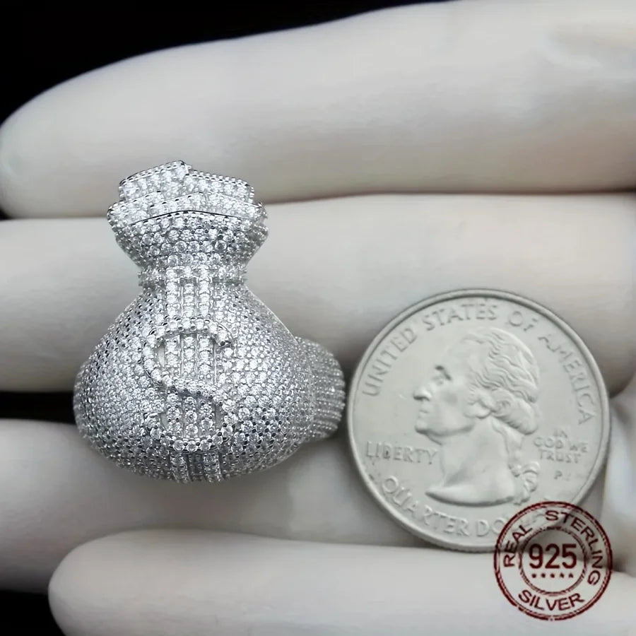 Unique Men‘s 925 Sterling Silvery Icy Out Money Bag Baguette Rings Dollar Sign Hip Hop Ring for Male Fashion Jewelry