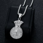 Hip Hop Moneybag Dollar Signs Iced Out Bling CZ Pendant Men Gold Silver Color Stainless Steel Wealth Necklace for Women Jewelry