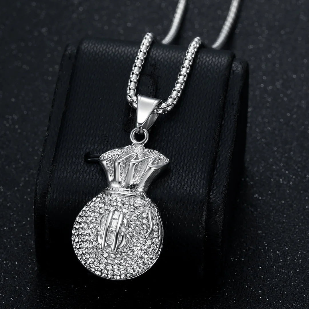 Hip Hop Moneybag Dollar Signs Iced Out Bling CZ Pendant Men Gold Silver Color Stainless Steel Wealth Necklace for Women Jewelry