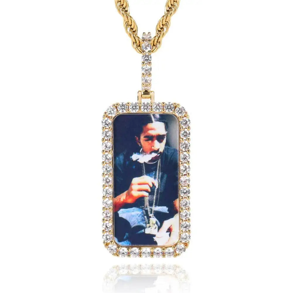 Iced Out Photo Pendant Necklace Rectangle