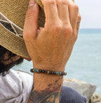 Mens Lava Stone Beaded Black Gemstone And Stainless Steel Waterproof Bracelet