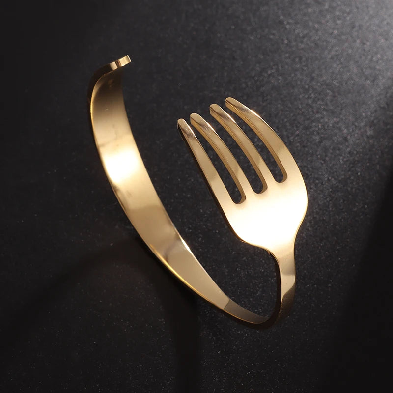 Fashion Design Stainless Steel Curved Tableware Fork Open Bracelet Men and Women Personality Charm Hip Hop Casual