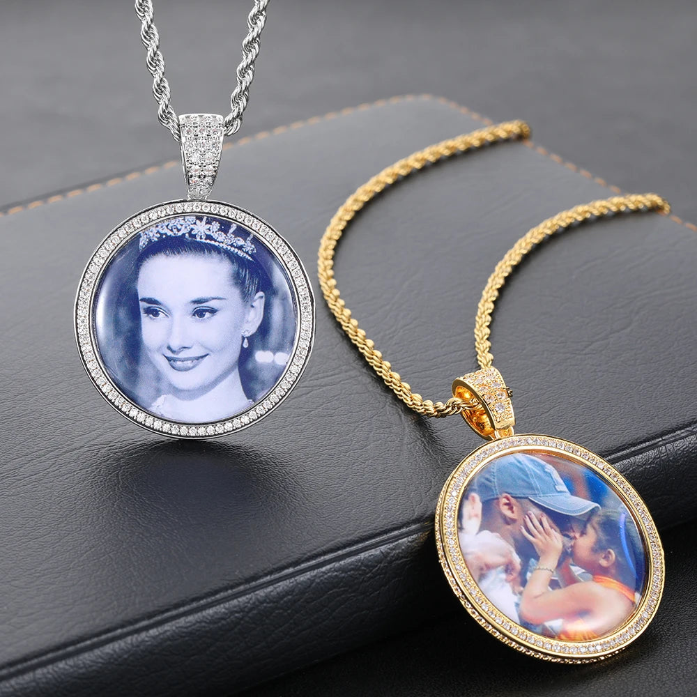 Iced Out Photo Pendant Necklace Stainless Steel