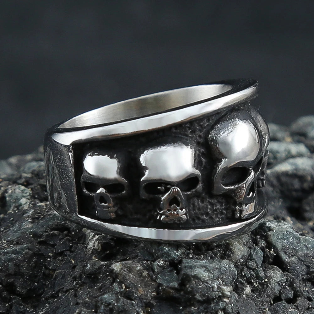 Vintage Gothic 316L Stainless Steel Biker Skull Ring For Men Cool Design Round Punk Skull Rings Fashion Jewelry Gift