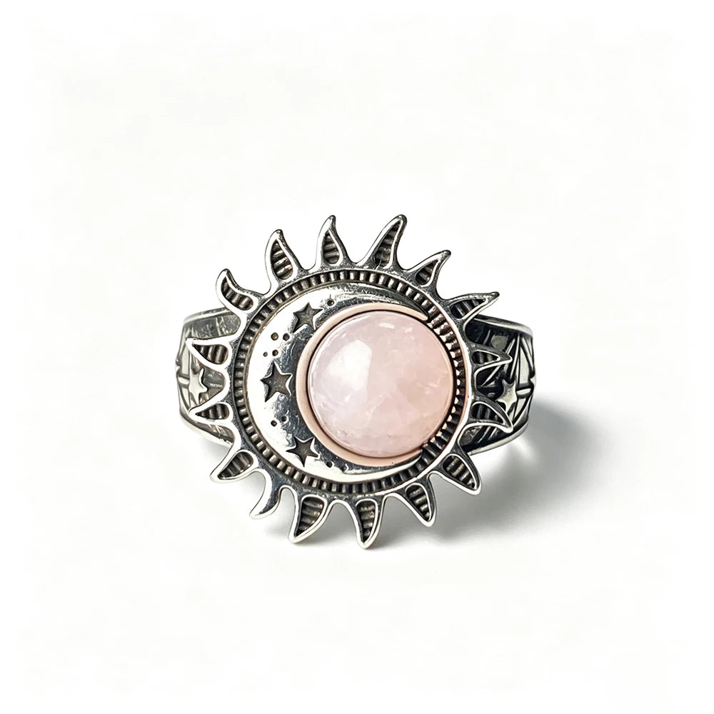 Sun Star Moon Cabochon Ring — Silver-Tone Bohemian
