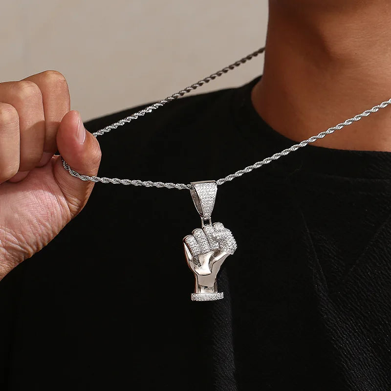 Iced Out Fist Pendant Necklace for Men, Micro Pave CZ Clenched Hand Charm, Hip Hop Rapper Jewelry, Twisted Rope Chain