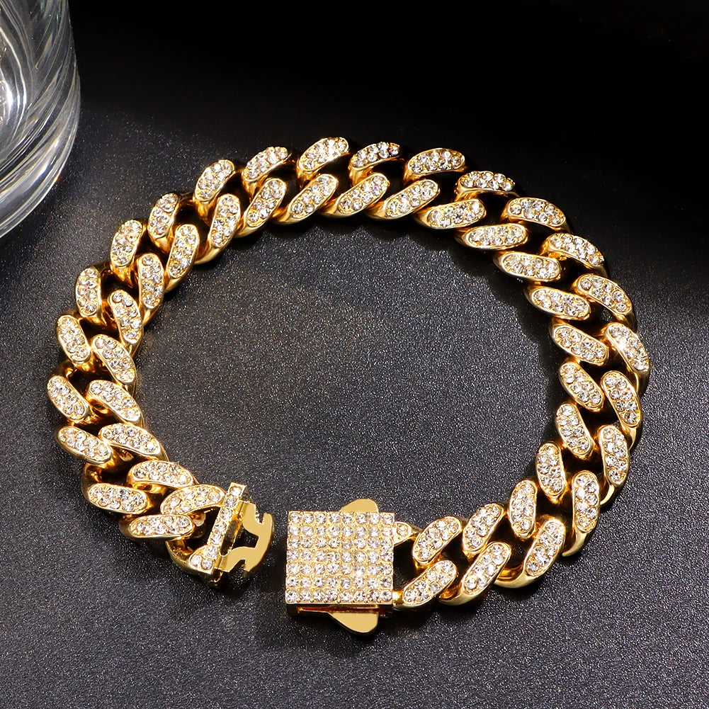 Luxury Iced Out Cuban Chain Bracelet for Men Women, Gold Color Rhinestone Link Wristband, Hip Hop Street Jewelry Gift