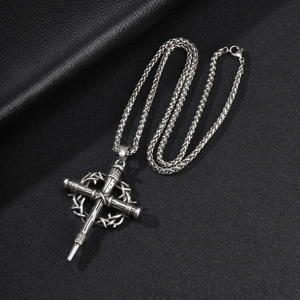 Thorn Crown Crucifix Necklace Franco Chain — Stainless Steel