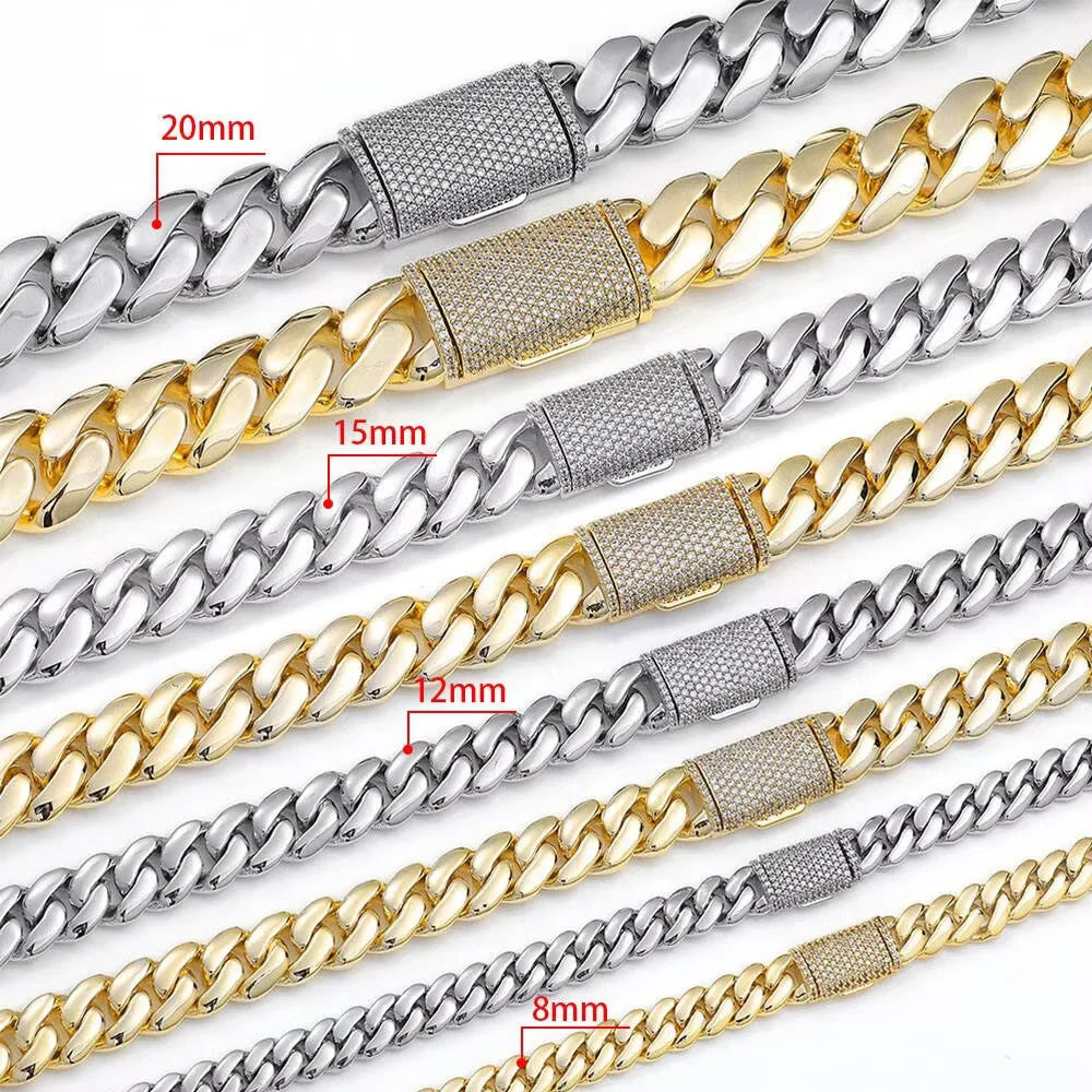 NY Hip Hop Bling Miami Cuban Link Necklace Bracelet For Men 8/12/15/20MM Brass Zircon Fashion Jewelry Party Gift