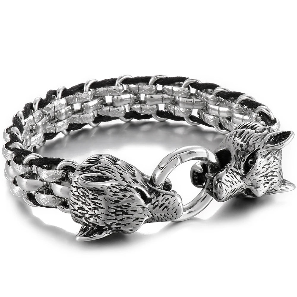 Gothic Double Wolf Heads On Hand Bands Bracelet For Men Stainless Steel Viking Jewelry Men's Bracelets With Spring Ring