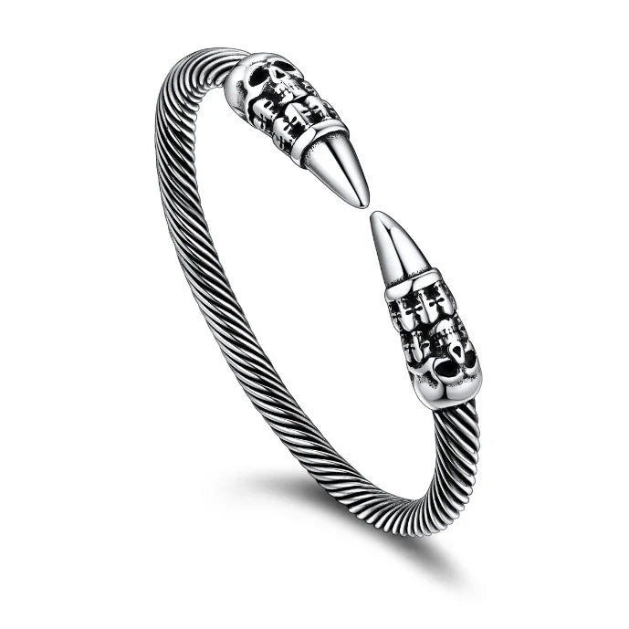 U7 Stainless Steel 6mm Wide Twristed Cable Open Bangle Cuff for Man Skull Dragon Long Charm End Rock Gothic Punk Jewelry Gift