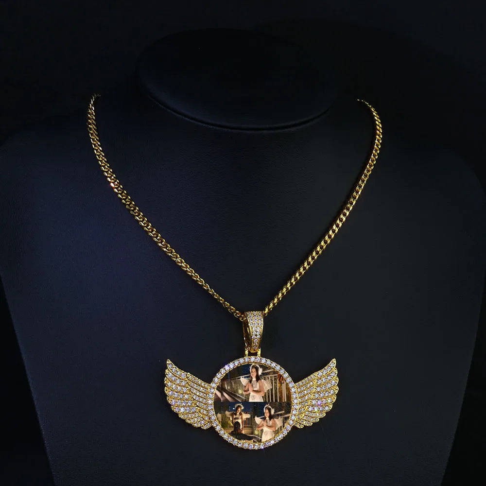 HHIOK Customized Necklaces Circle Chain Picture Personalized Diamond Memory Pendant with Photo Wing Design Gift for Men