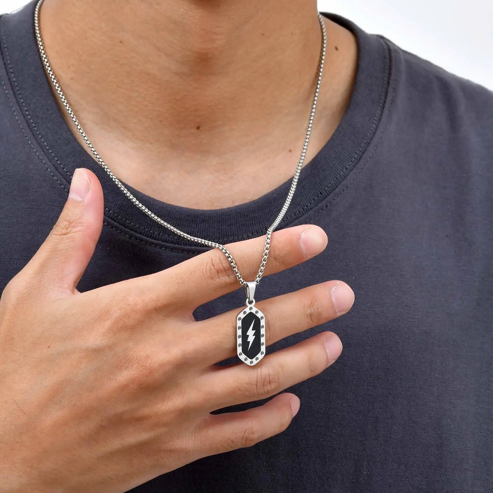 Stylish Lightning Pattern Necklace for Men,Black Enamel Hexagonal Stainless Steel Pendant,Punk Jewelry Gift for Him