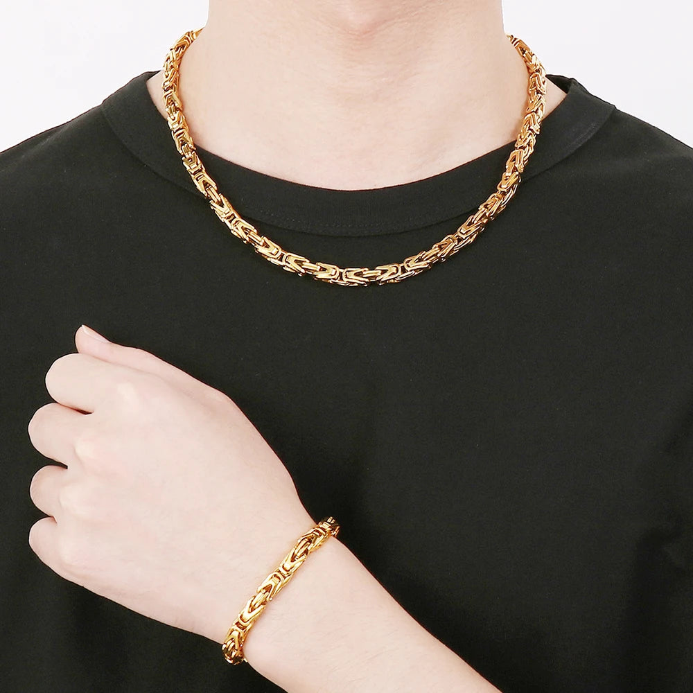 6MM Link Chain Bracelet Necklace Set for Man Waterproof Gold Color 50CM Long Stainless Steel Men's Necklace & Bracelets