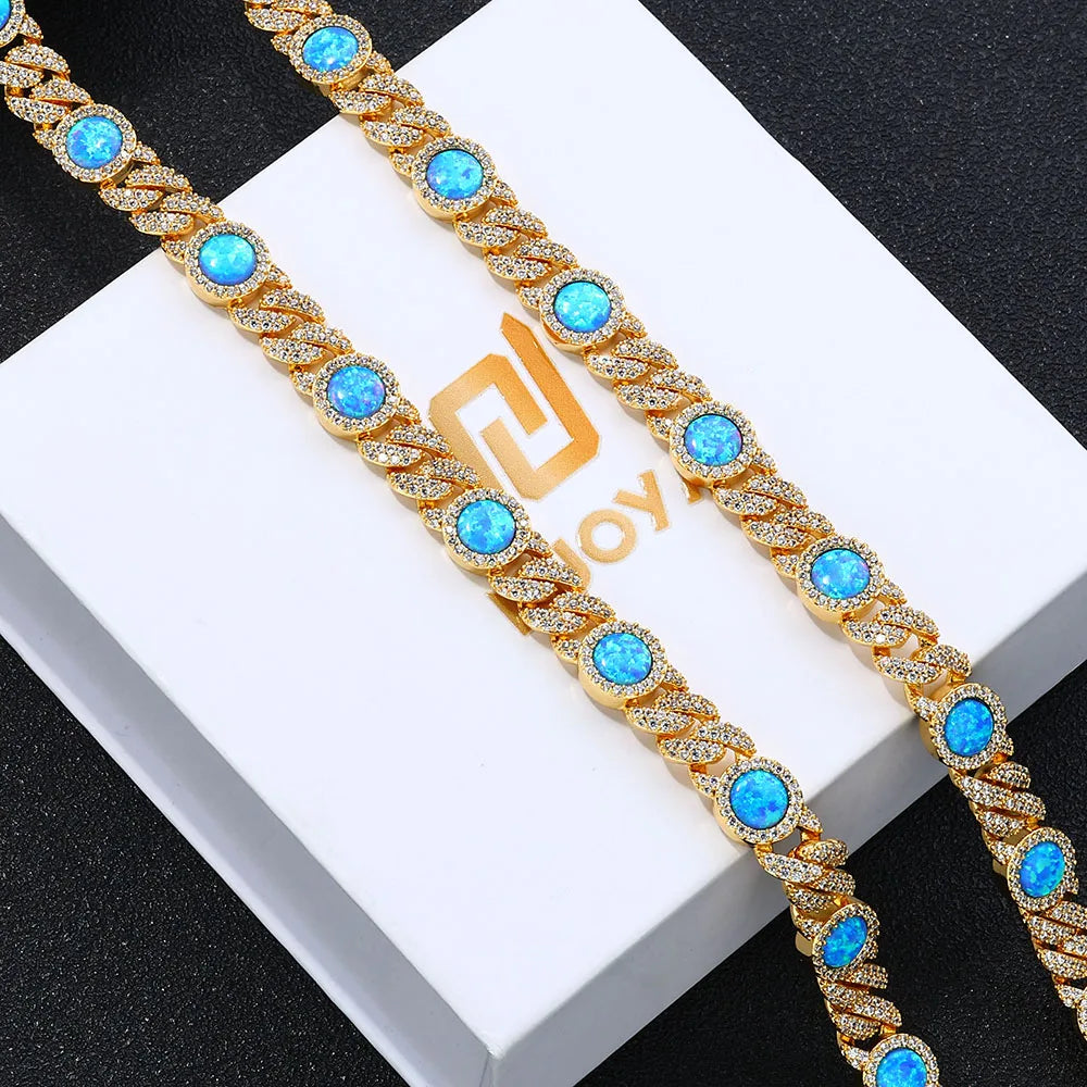 Cuban Iced Out Gold Necklace Blue Opal CZ