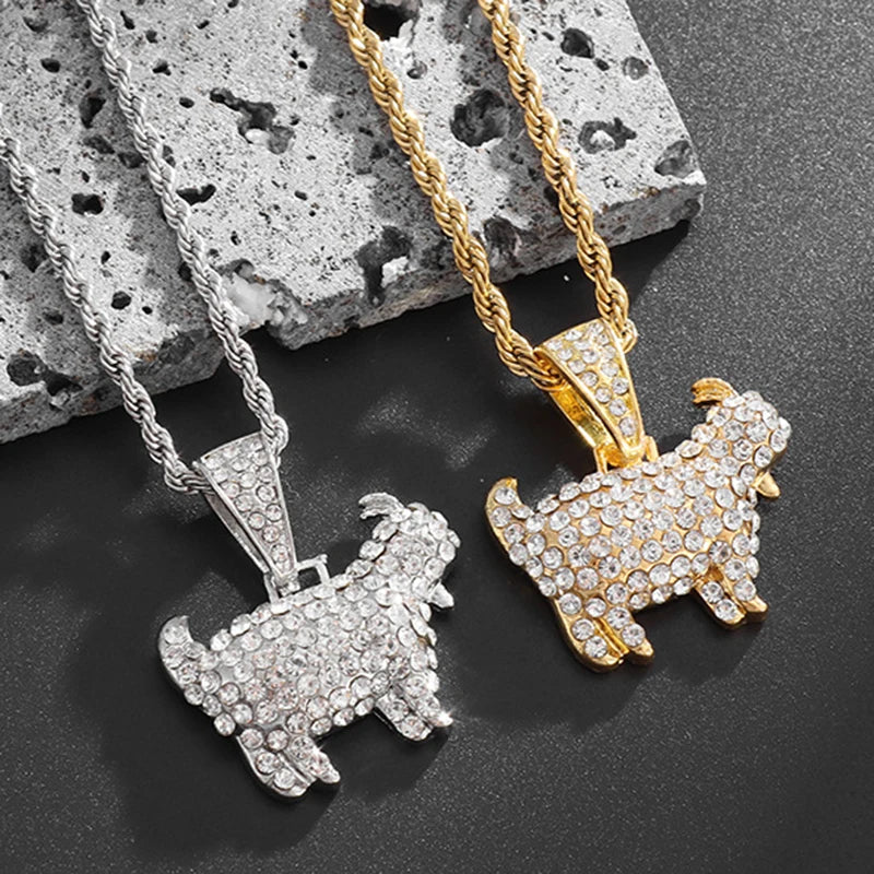 Gold Iced Out Goat Pendant Rope Chain Necklace