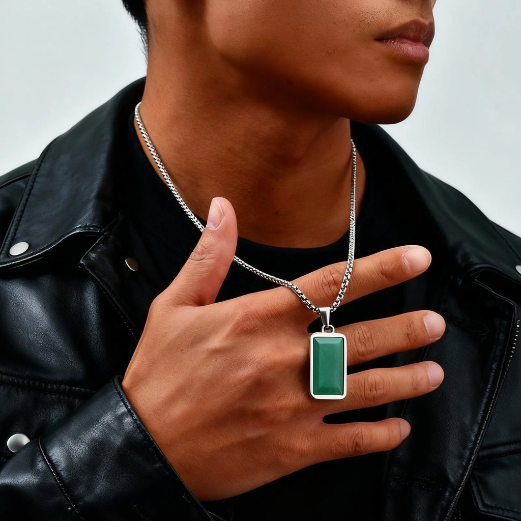 Geometric Square Green Stone Pendant Necklace — 50cm & 60cm Chain