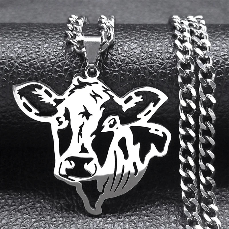 Cow Head Hollow Pendant — Silver Stainless