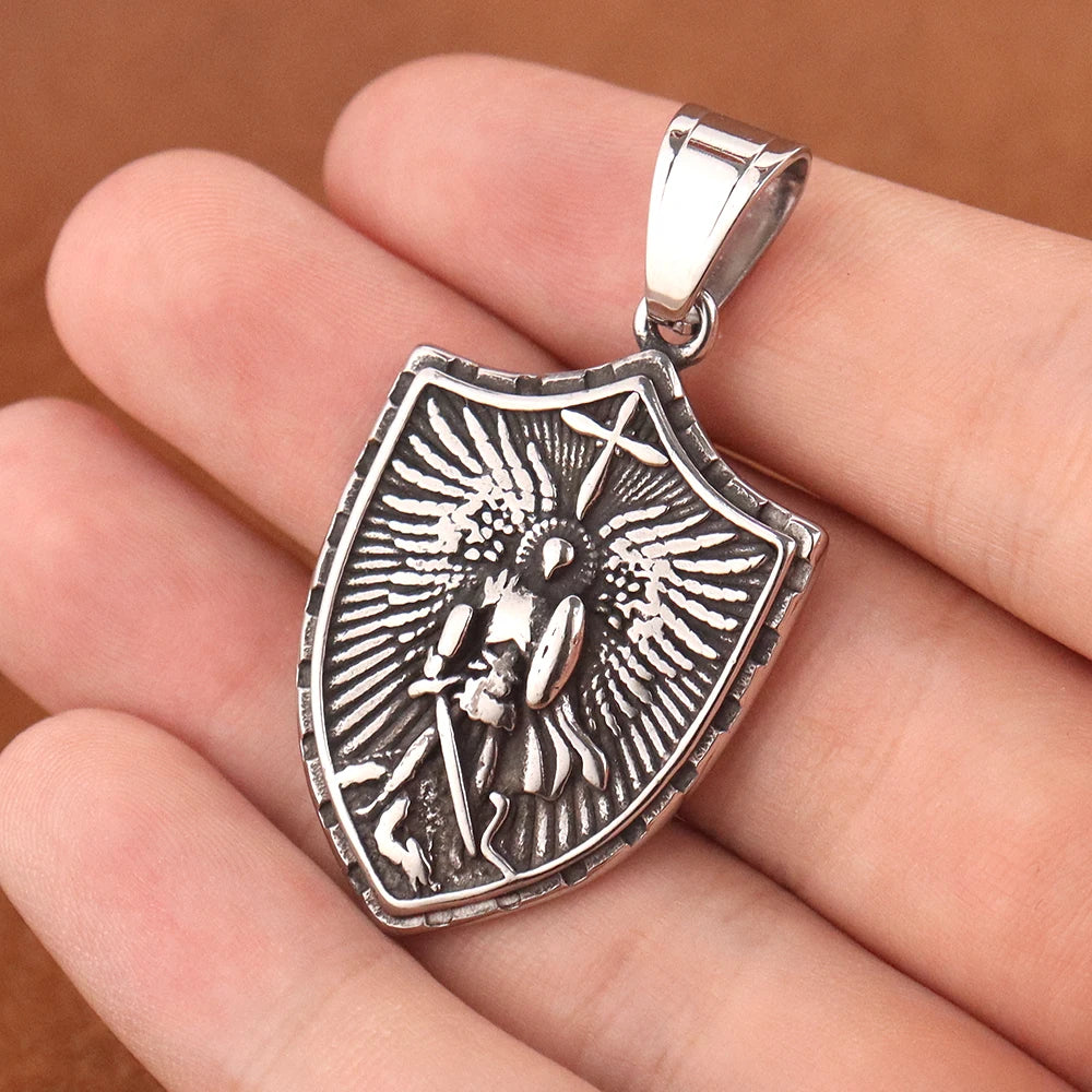 Vintage Saint Angel Shield Necklace Stainless Steel Men Pendant Necklace Classic Archangel Belief Amulet Jewelry Gift Wholesale