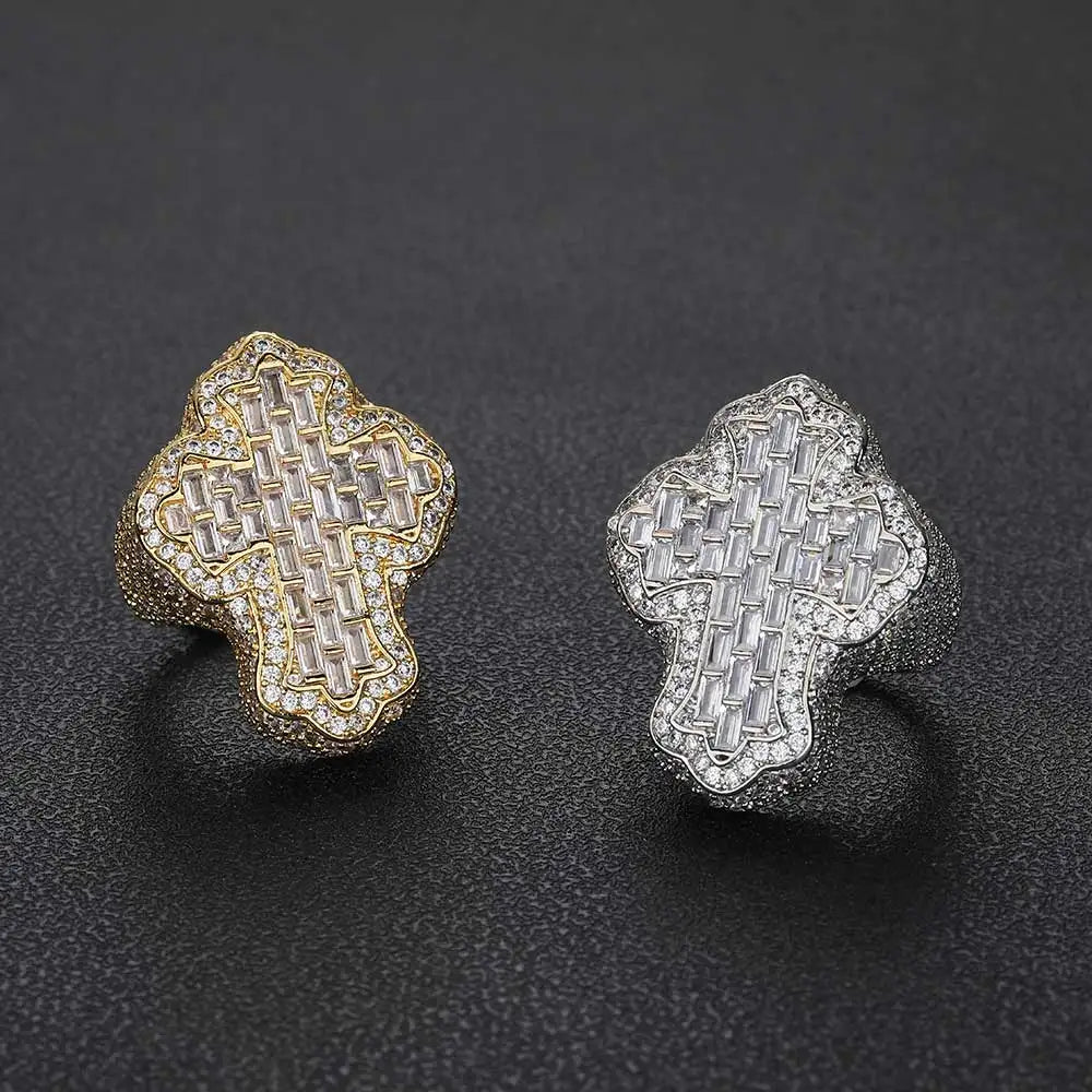Cross Ring Iced Out Stainless Steel Statement