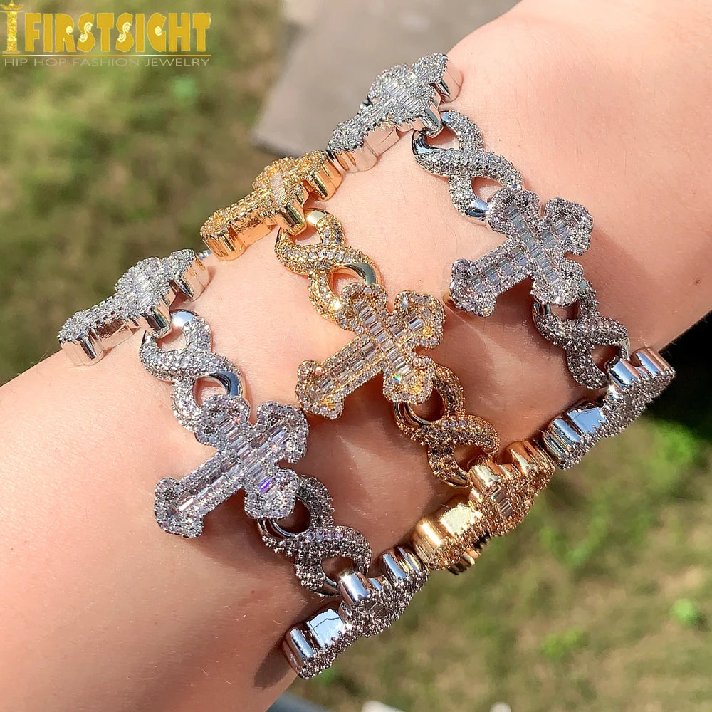 Iced Out Infinity Cross Necklace for Men Women Silver Color Prong Setting Cubic Zirconia Charm Star Link Chain Hip Hop