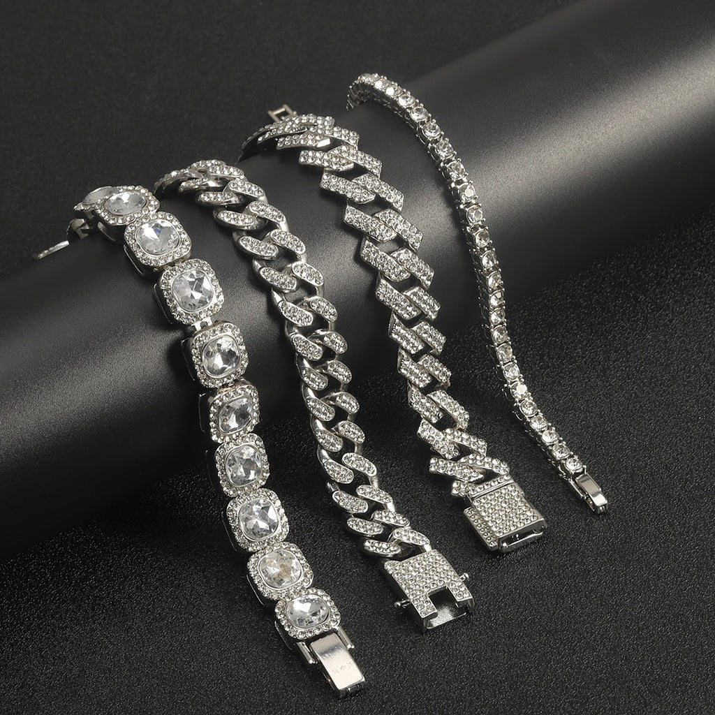 3pcs Men Women Stylish Bracelet Set Silver Cuban Chain+Tennis Chain+Sugar Chain Light Luxury Iced Out Hip-hop Punk Jewelry Gift