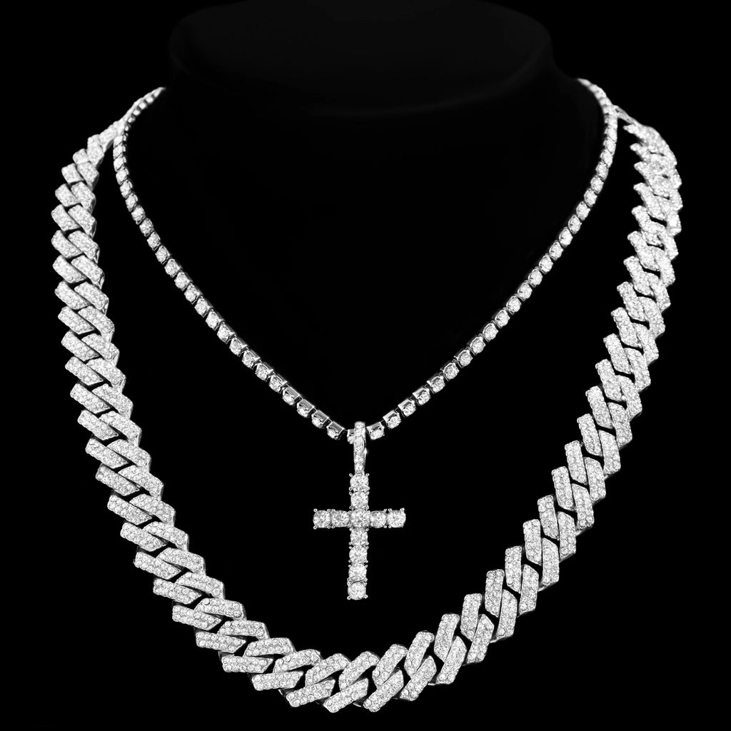 2Pcs Punk Crystal Cross Ankh Tennis Chain Iced Out Prong Cuban Link Chain Necklace For Men Women Rapper Necklaces